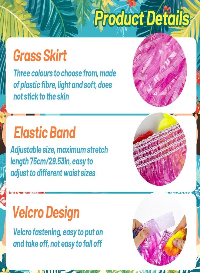 RAINFLOW Hawaiian Grass Skirts 30cm Hawaiian Hula Grass Skirt with Flower Costume Set for Dance Birthday Tropical Party Decorations Favors, Multicolor, 3 Sets - Image 2